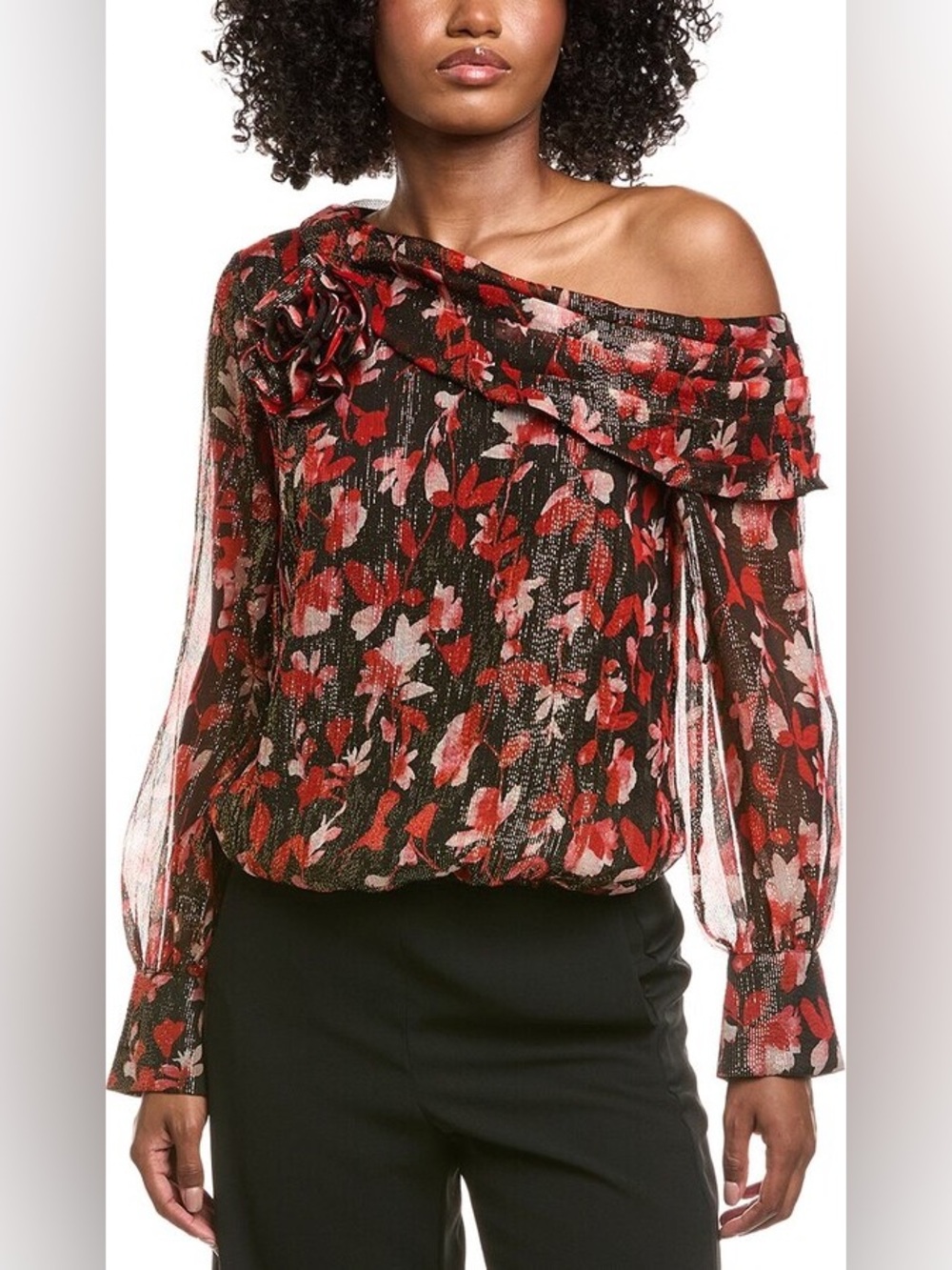 NWT Ramy Brook Maylien Floral Asymmetric Blouse Red Black, Size Extra Large XL